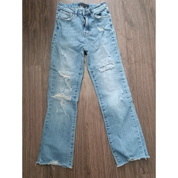 Risen Jeans Denim - Risen Jeans Juniors Size 25/1  Straight Denim Light Wash Raw Hem midrise